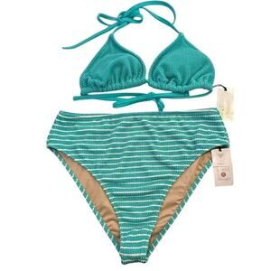 New Shade & Shore Women's L Blue High Waist Cheeky Bikini Set